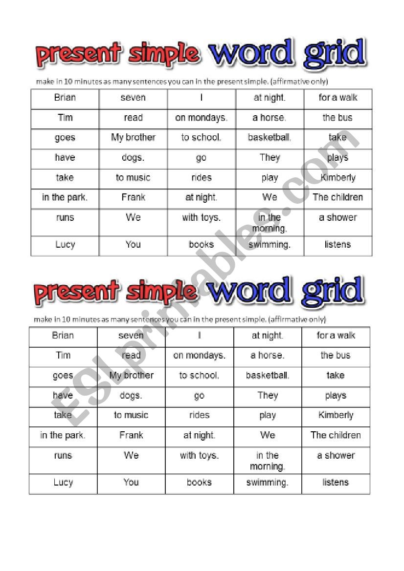 present simple word grid worksheet