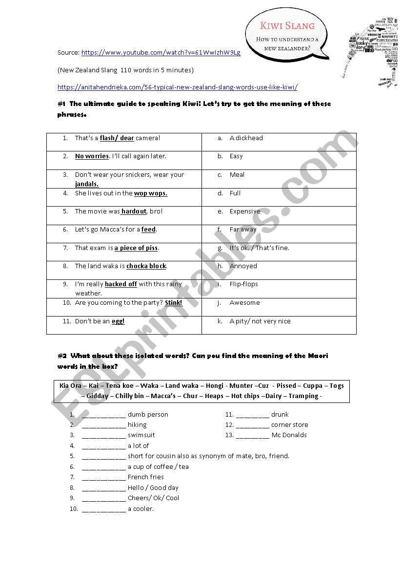 New Zealand slang activity worksheet