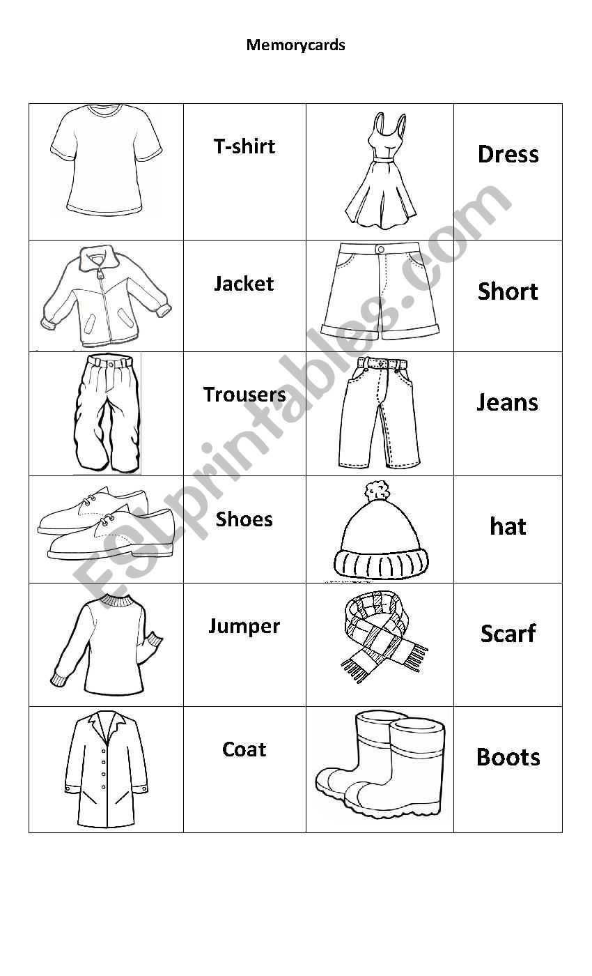 clothes memory card worksheet
