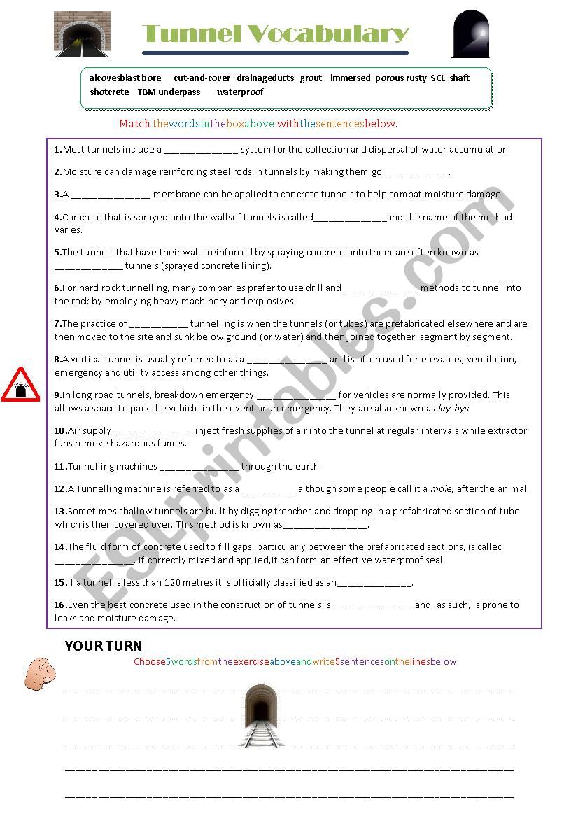 Tunnel Vocabulary for Engineers and Phrasal Verb Channel Tunnel Gap-fill