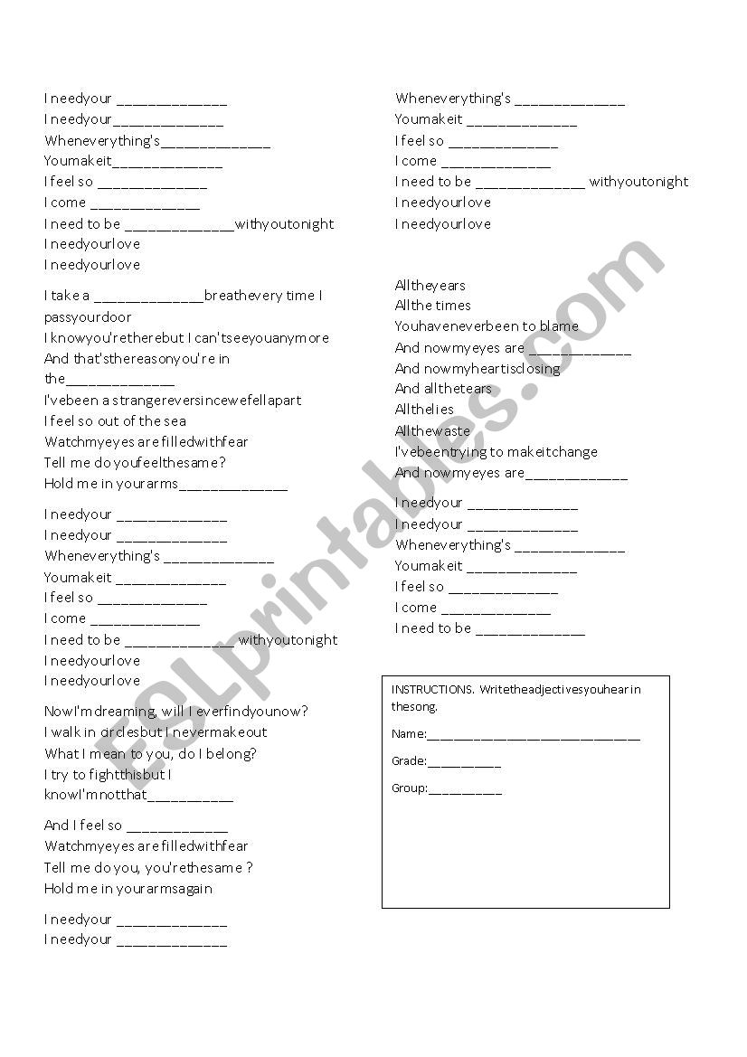 I NEED YOUR LOVE worksheet