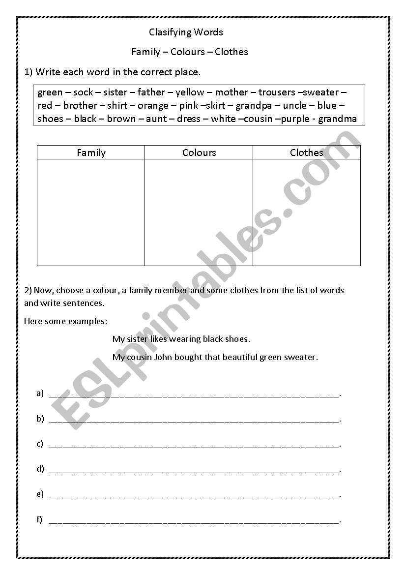 Clasifying words worksheet