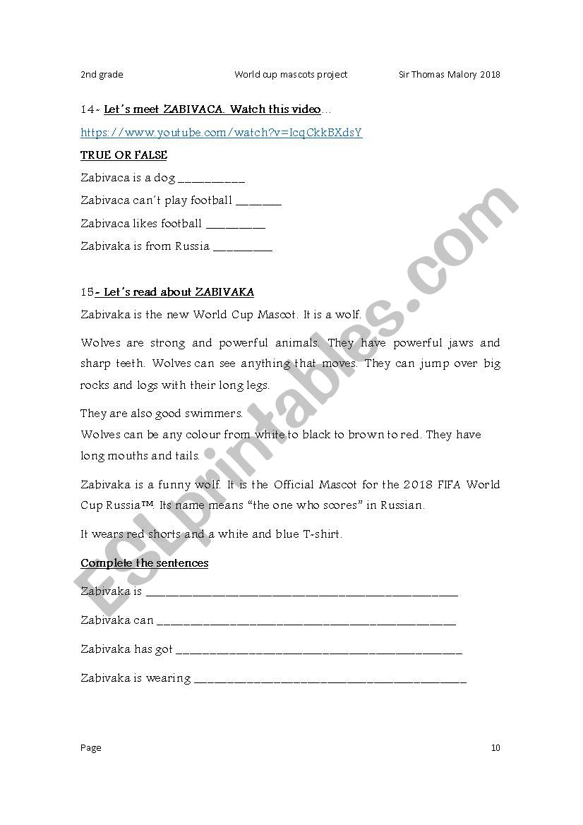 World cup mascot worksheet