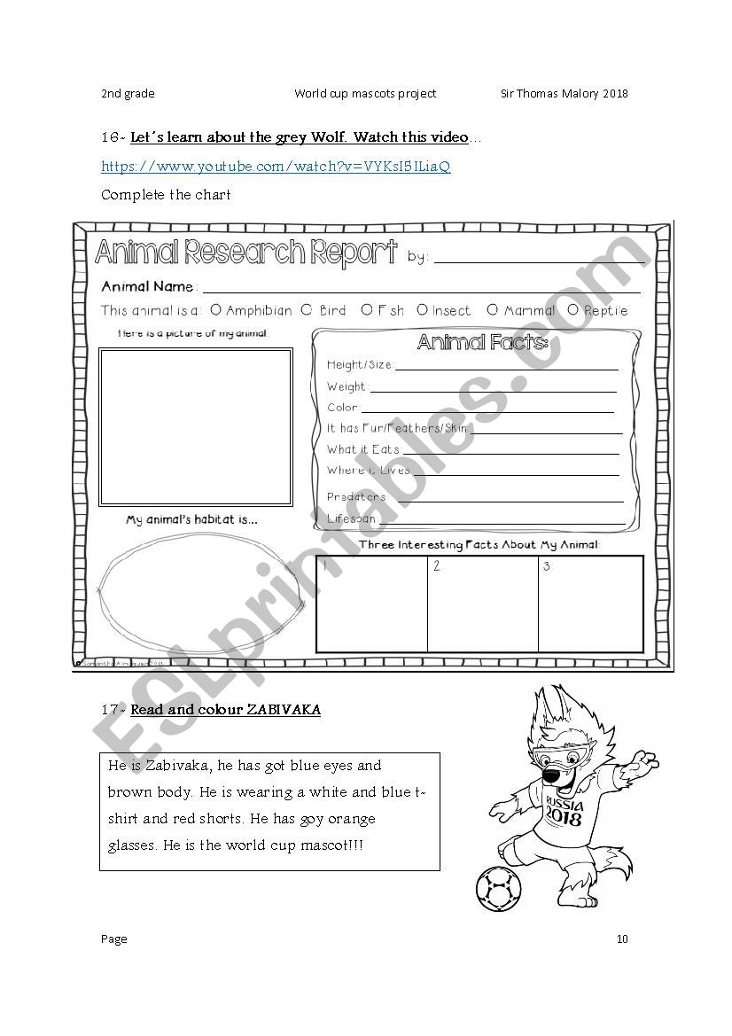 World cup mascot worksheet