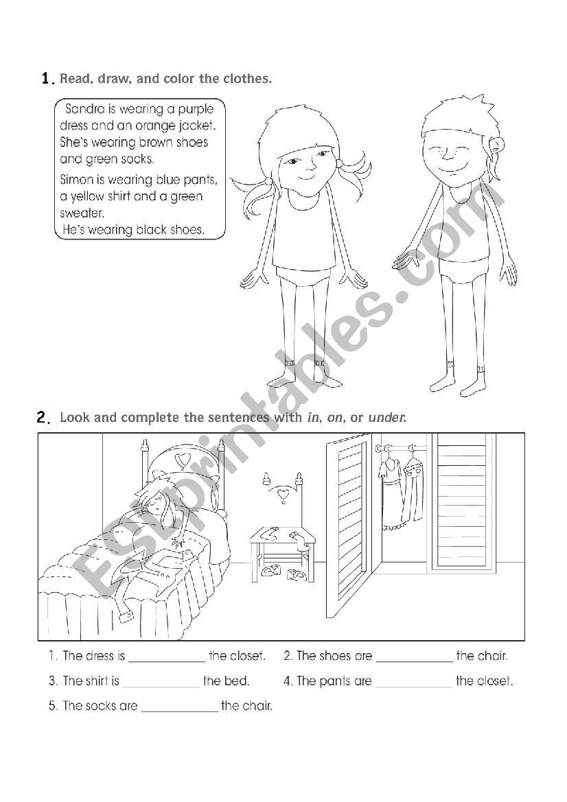 Clothes and prepositions worksheet