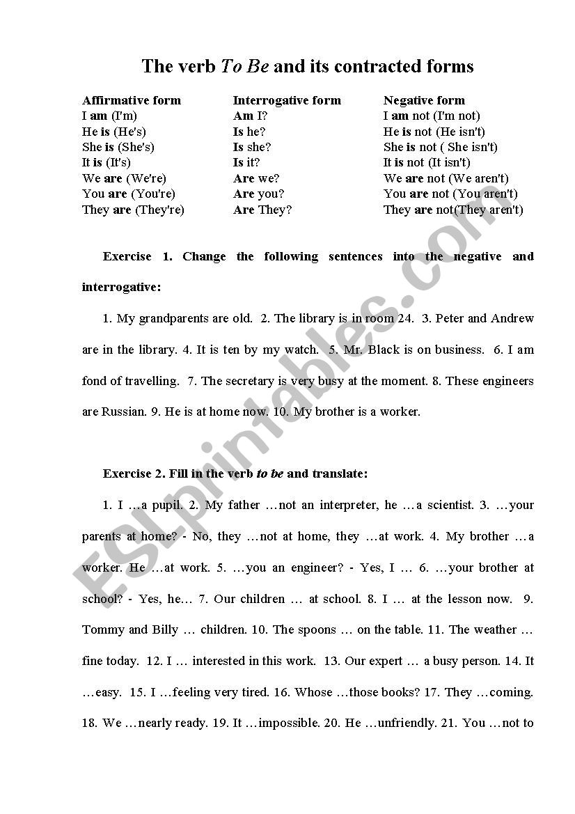 The verb to be and its contracted forms