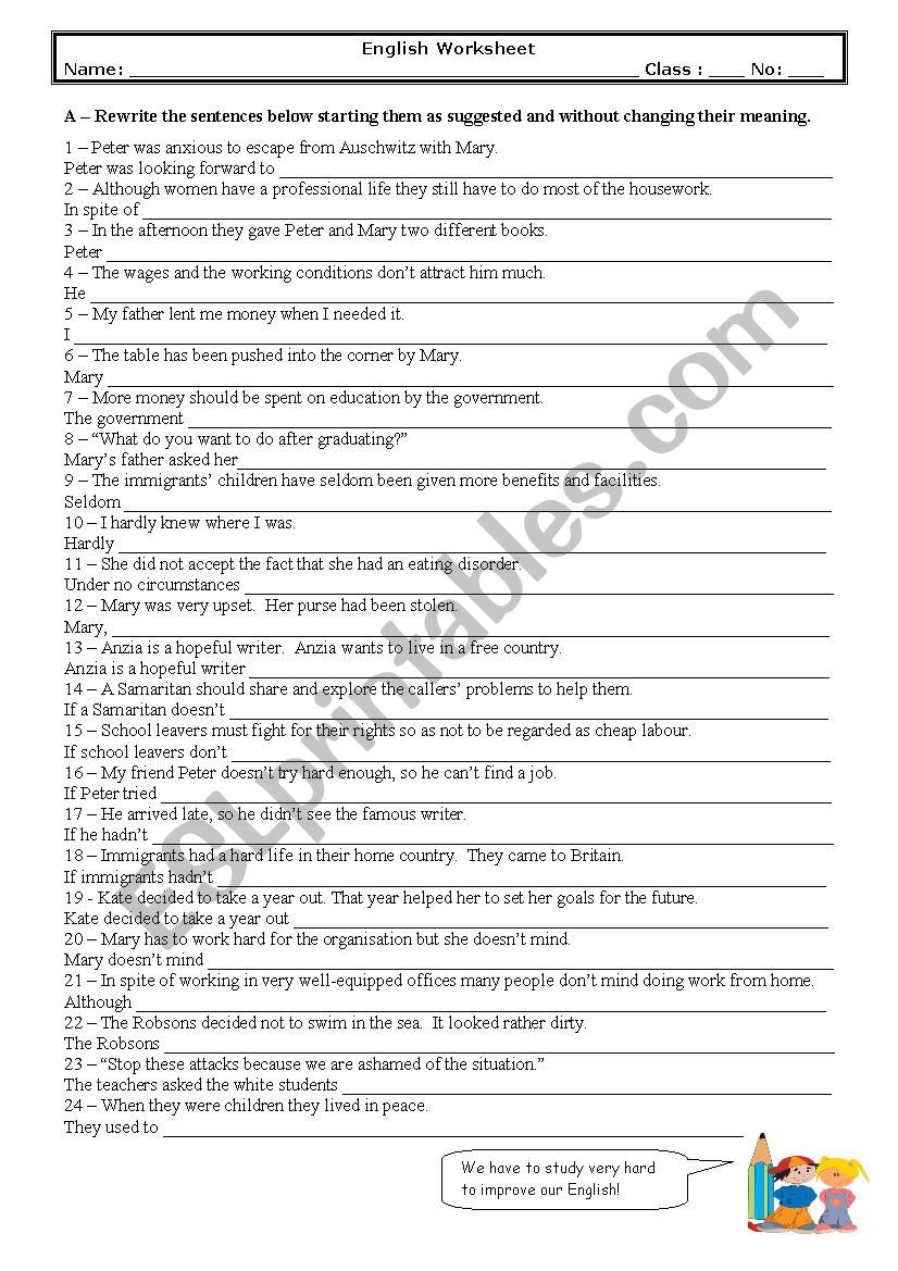 Rephrasing exercises worksheet