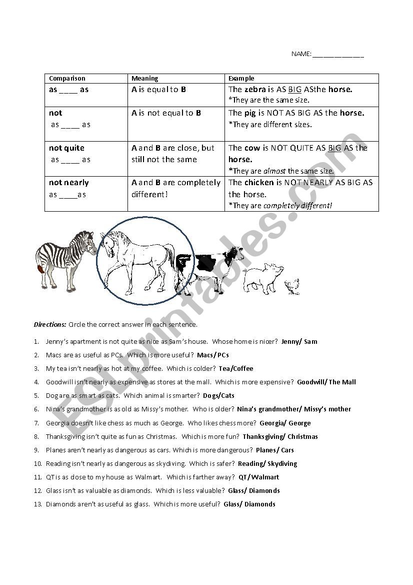 As...as Comparisons worksheet