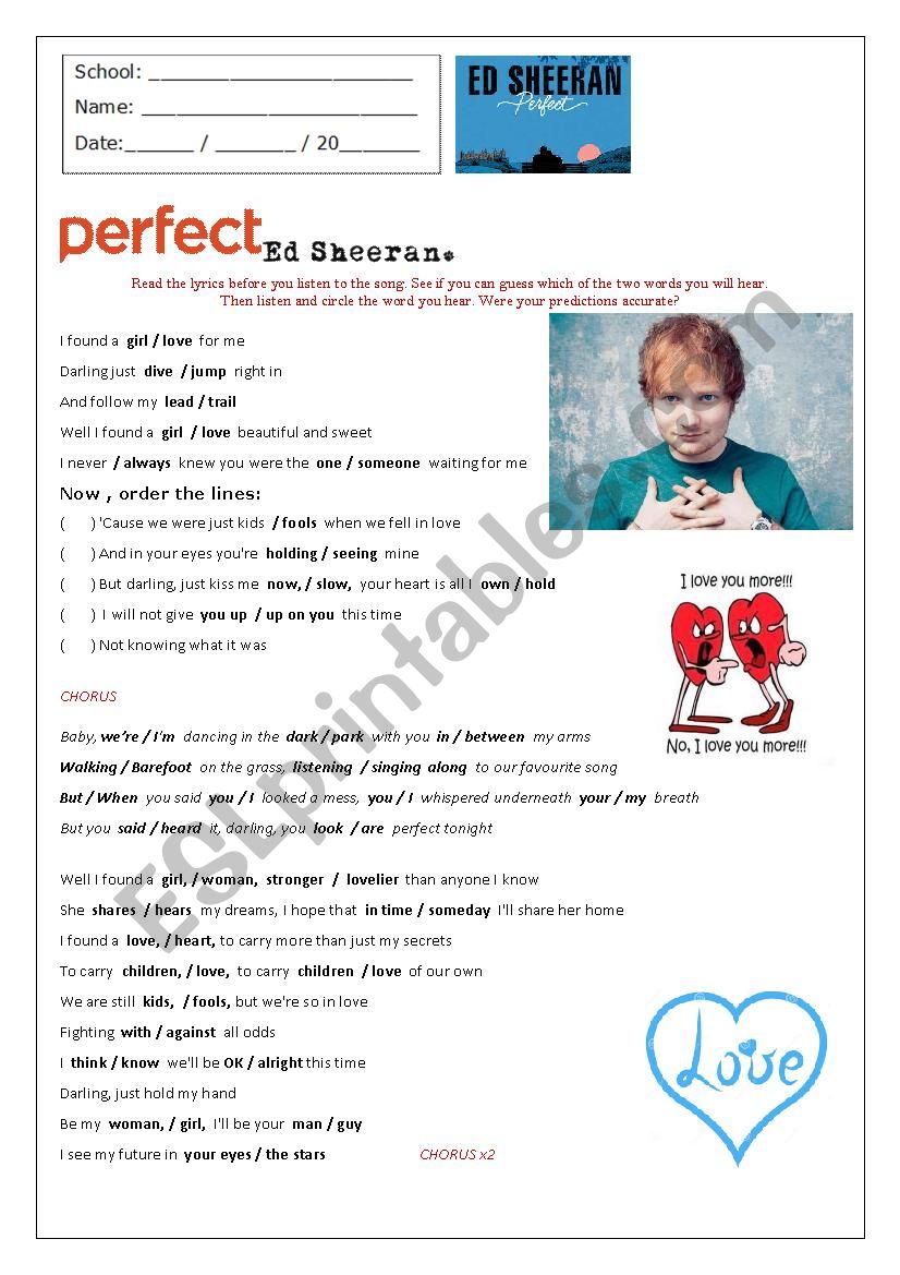 Ed Sheeran- Perfect worksheet