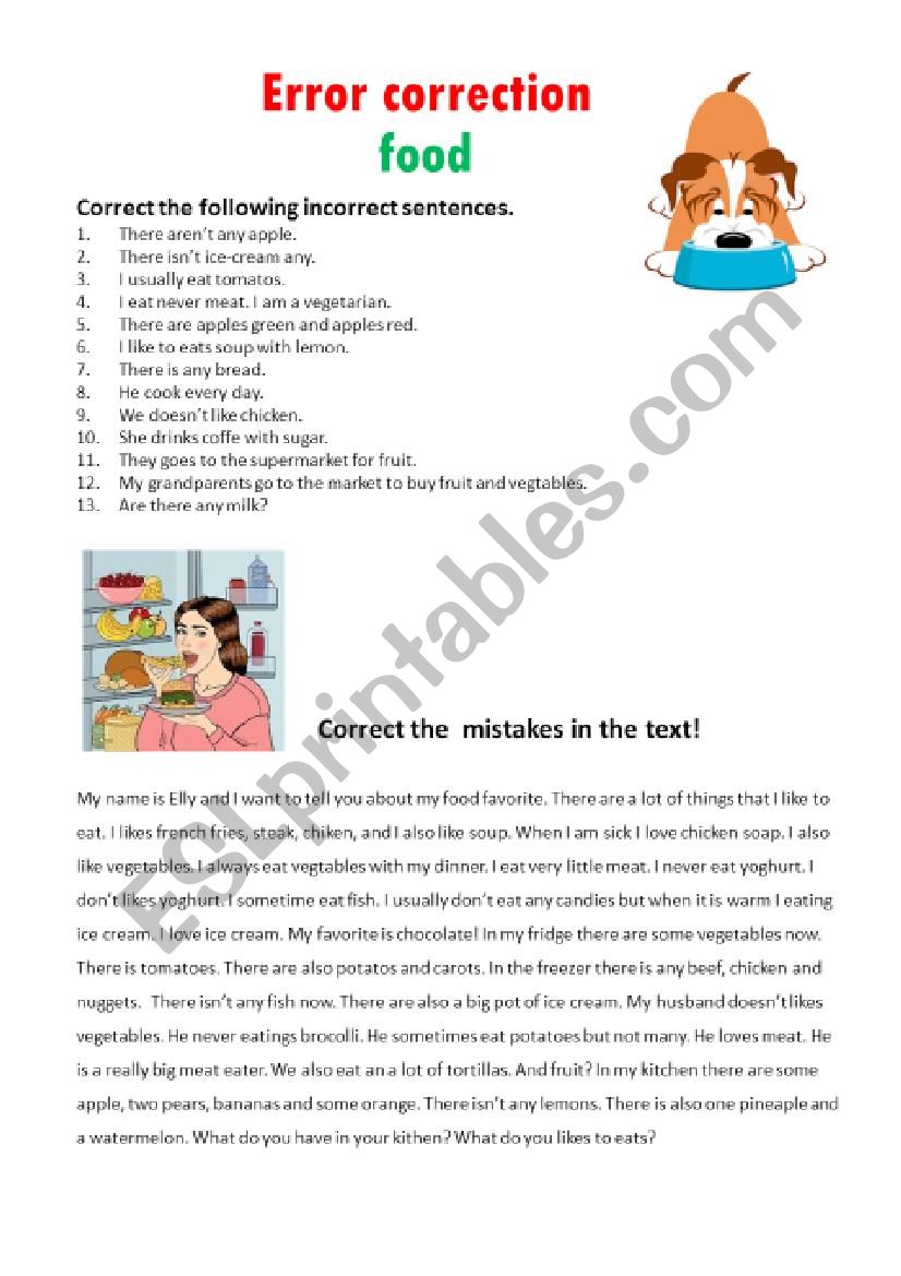 Food, error correction worksheet