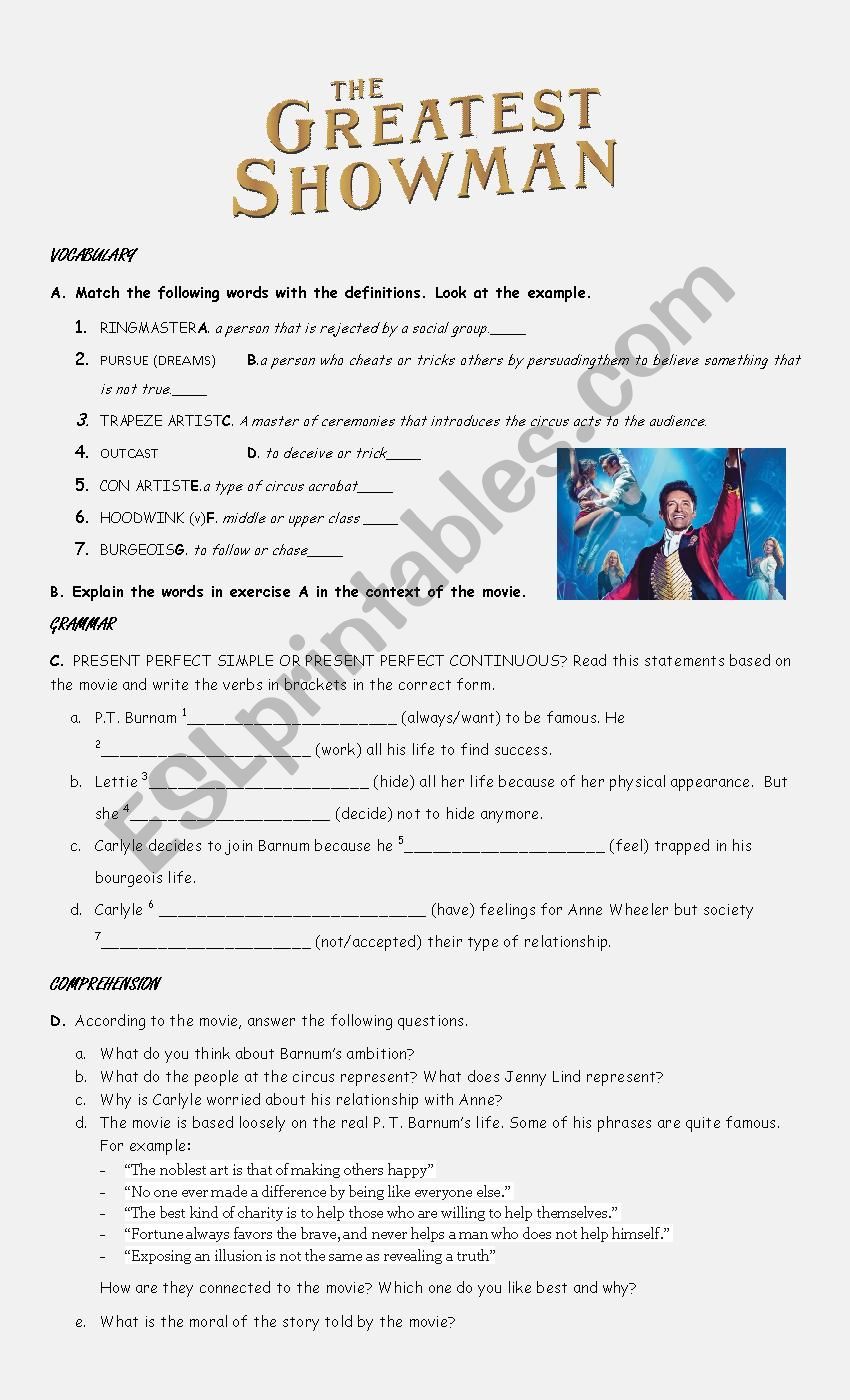 THE GREATEST SHOWMAN - MOVIE WORKSHEET