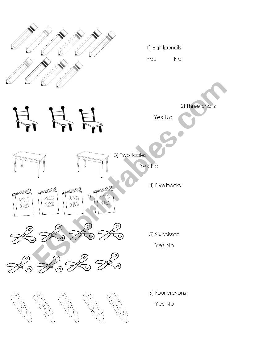 classroom objects and numbers worksheet