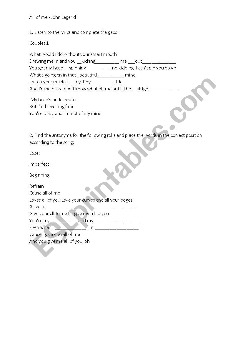 All of me- Lyrics worksheet worksheet