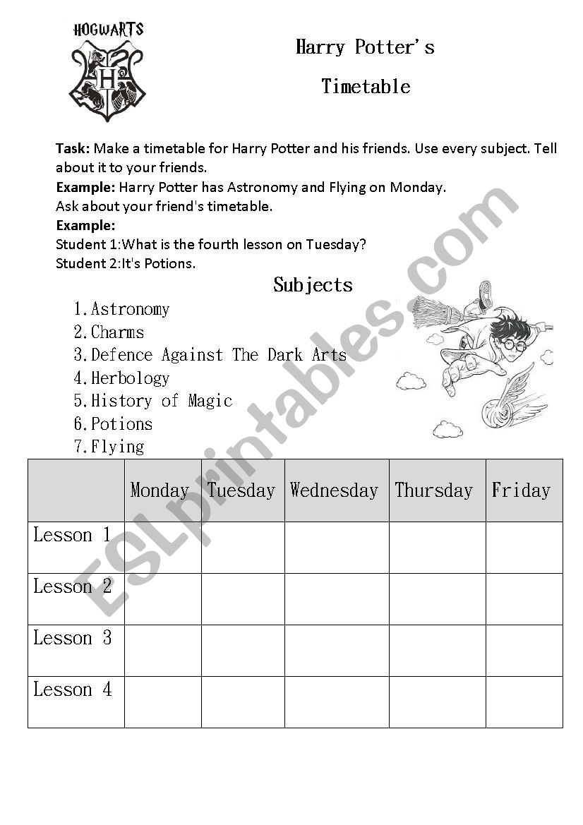 Harry Potters timetable worksheet