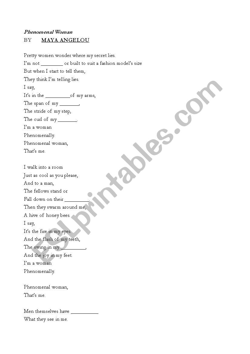 Maya AngelouÂ´s Phenomenal Woman worksheet