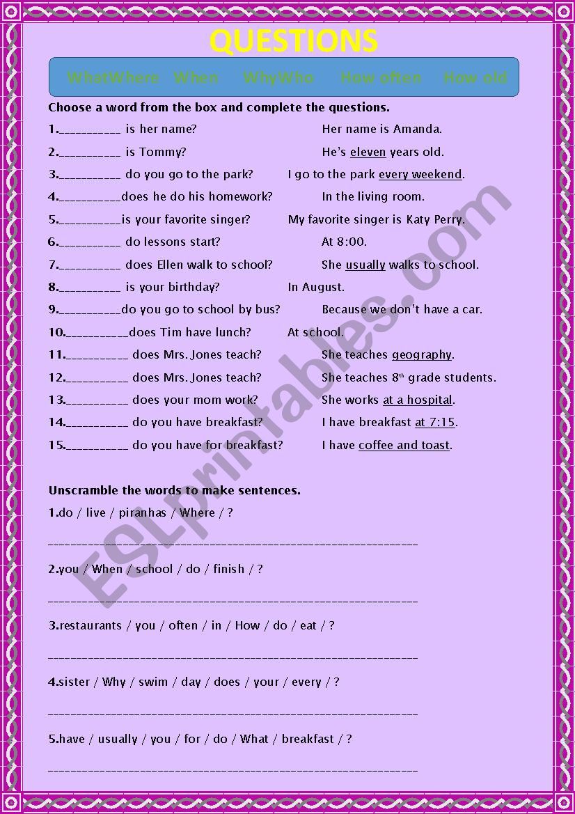 Question words worksheet