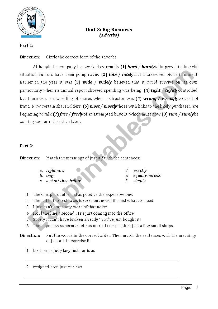 Adverbs (Headway Advanced) worksheet