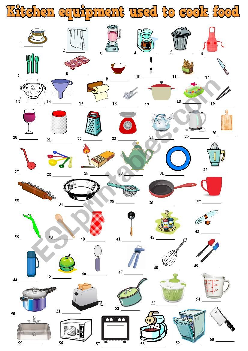 Kitchen equipment used to cook food.  Pictionary + KEY