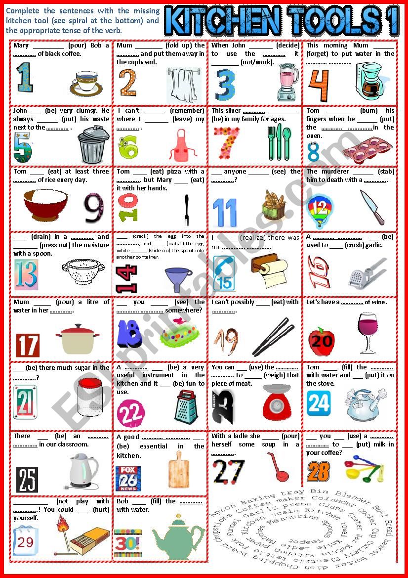 Kitchen Tools 1. Fill in the gap + Verb Tenses + KEY