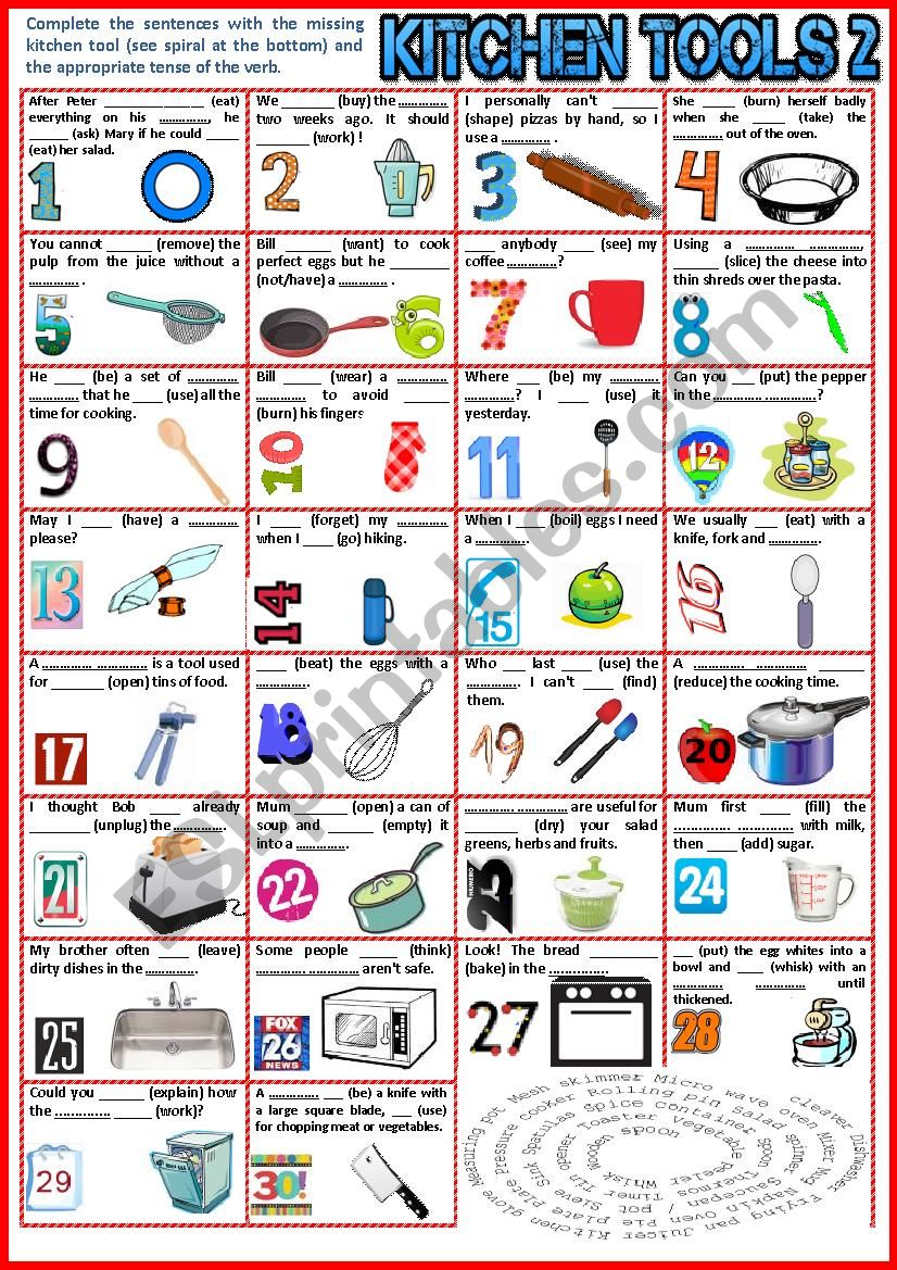 Kitchen Tools 2. Fill in the gap + Verb Tenses + KEY