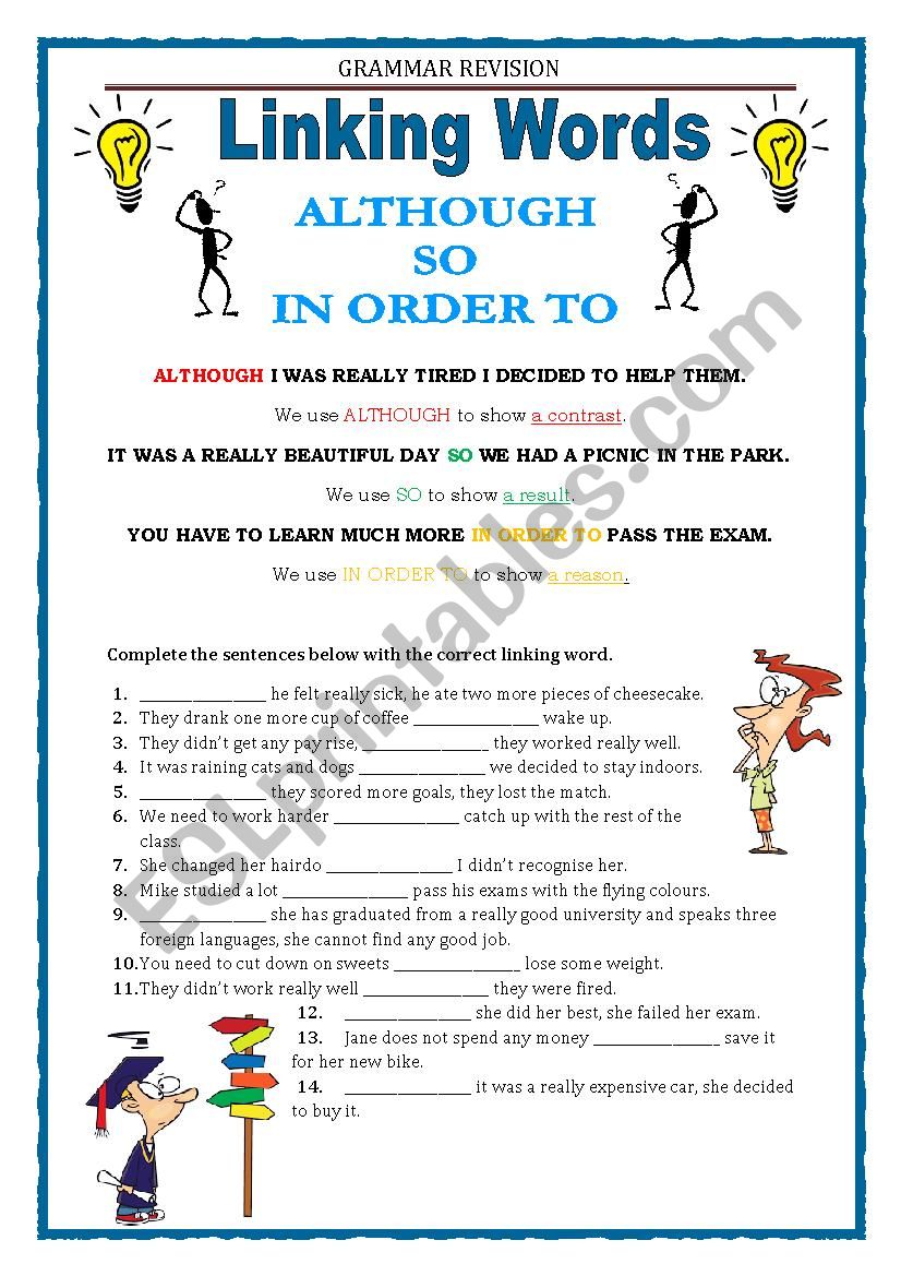 GRAMMAR REVISION - LINKING WORDS - ALTHOUGH, IN ORDER TO, SO