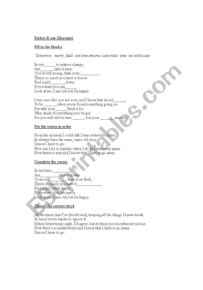 Father & son- song!  worksheet
