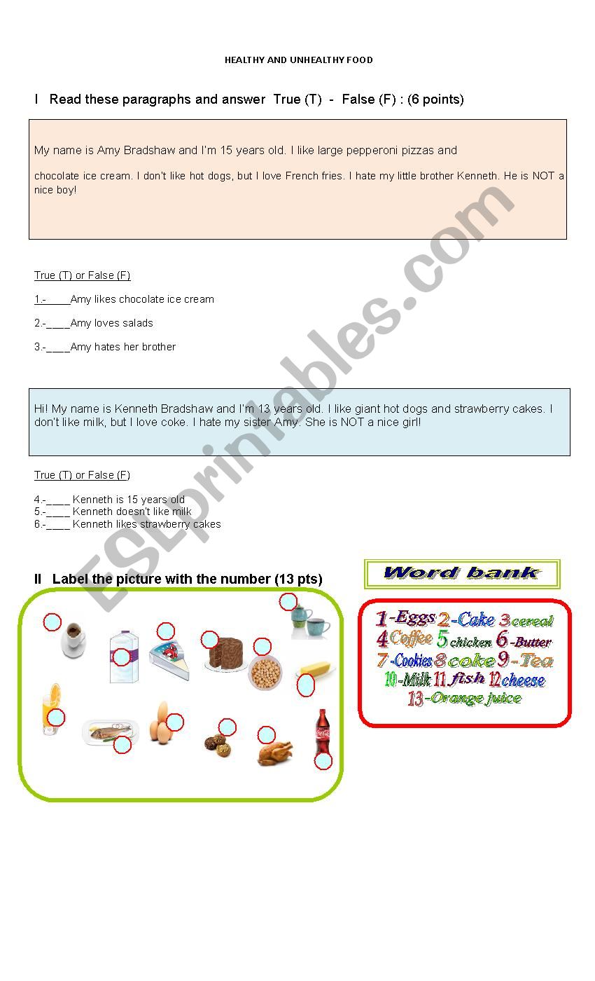 HEALTHY OR UNHEALTHY FOOD worksheet