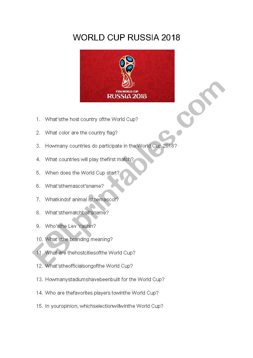 World Cup 2018 worksheet