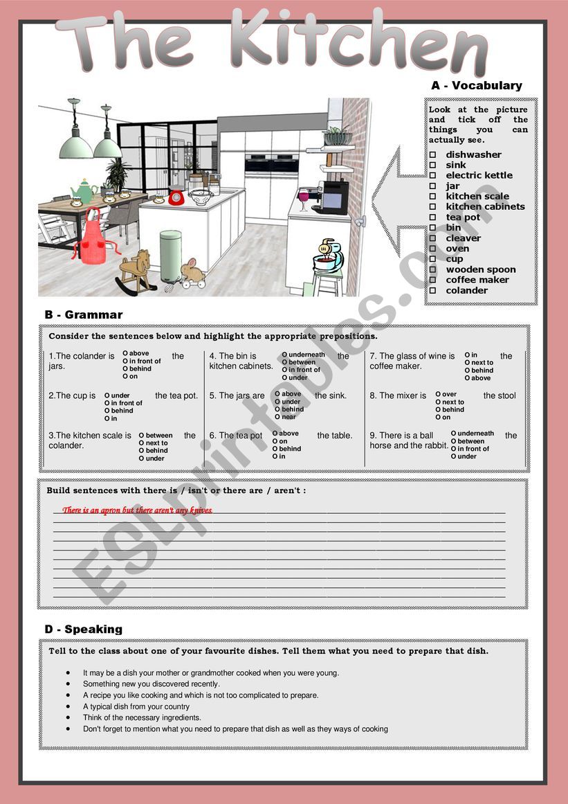 The KITCHEN. Prepositions worksheet