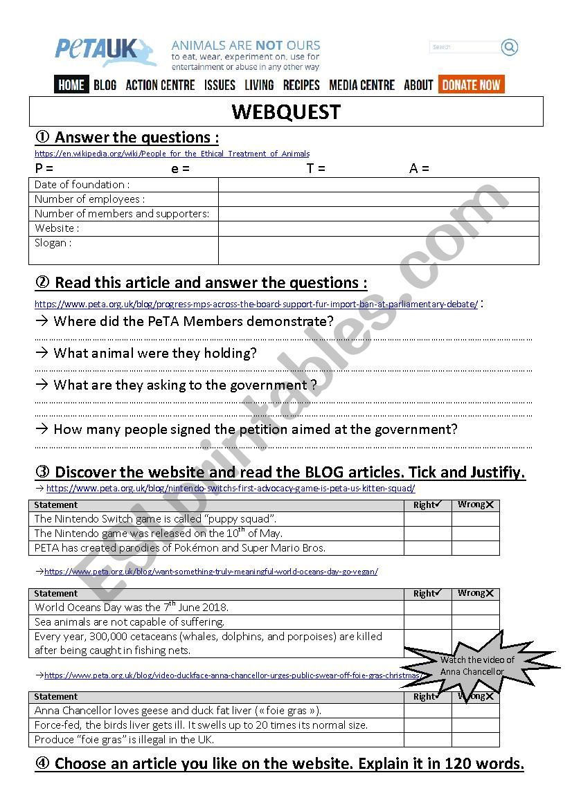 PeTA worksheet