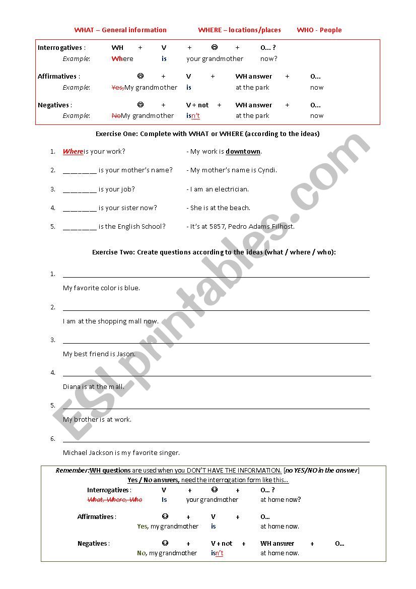 What Where or Who? worksheet