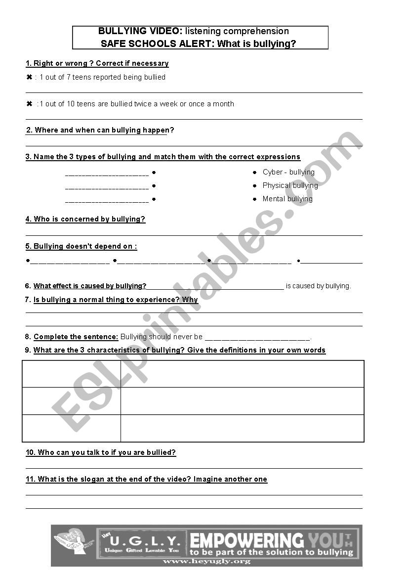 Bullying - video and worksheet 