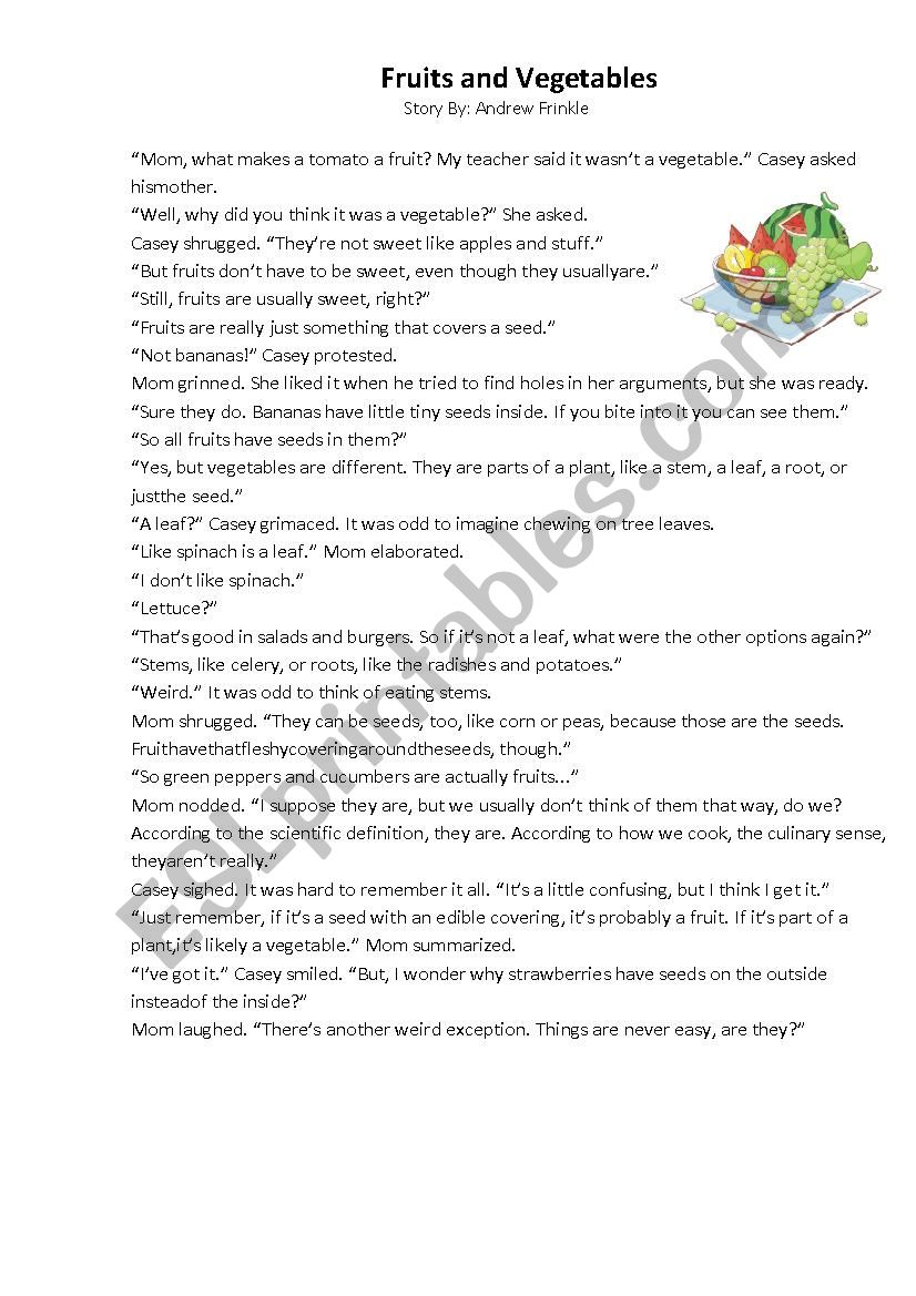 Fruits and Vegetables Story  worksheet