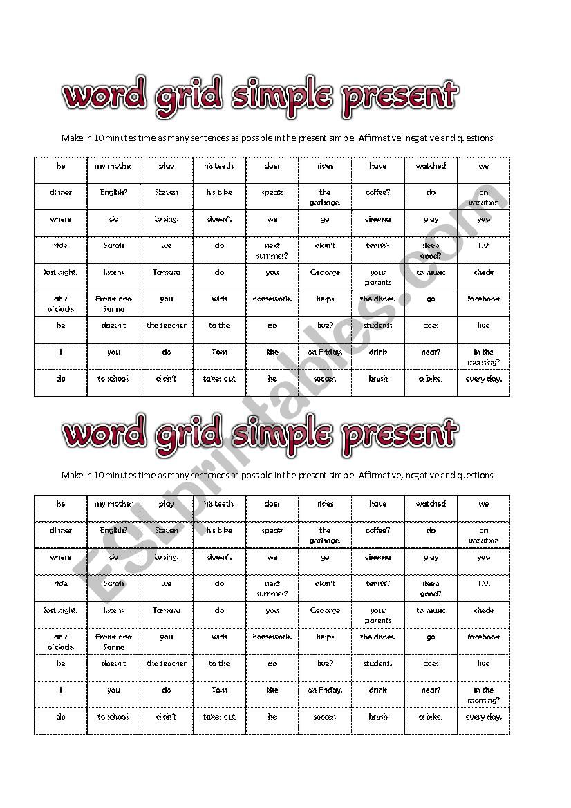 word grid simple present worksheet