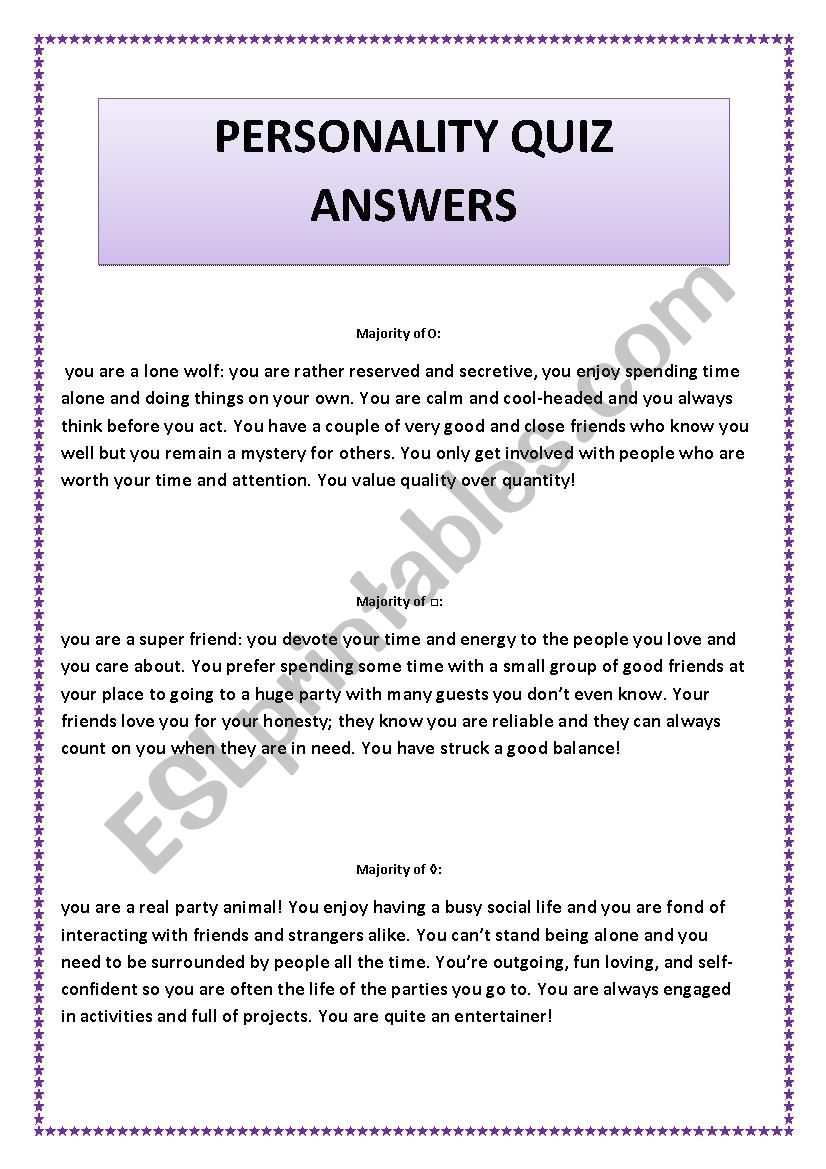 personality quiz answers worksheet