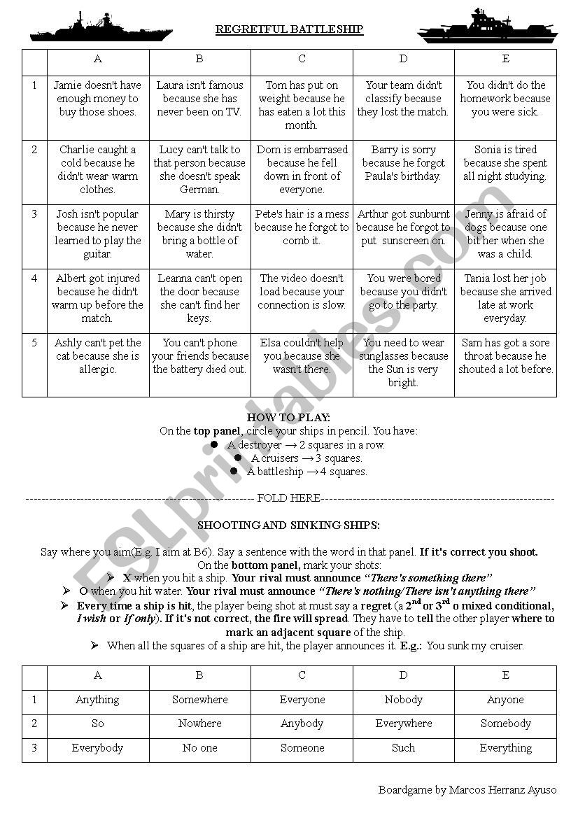 Regretful Battleship - Boardgame to practise conditionals, I wish, If only and indeterminate pronouns