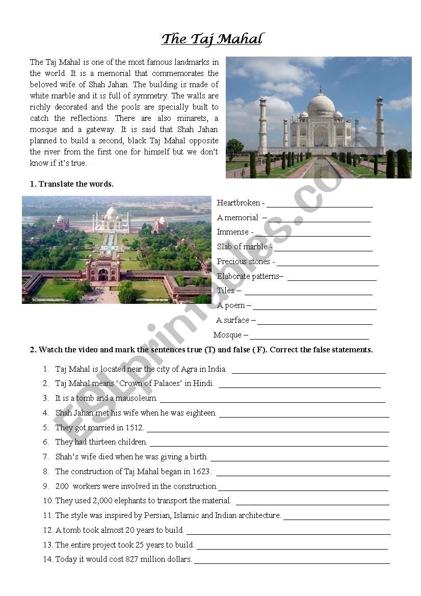 The Taj Mahal video exercise worksheet