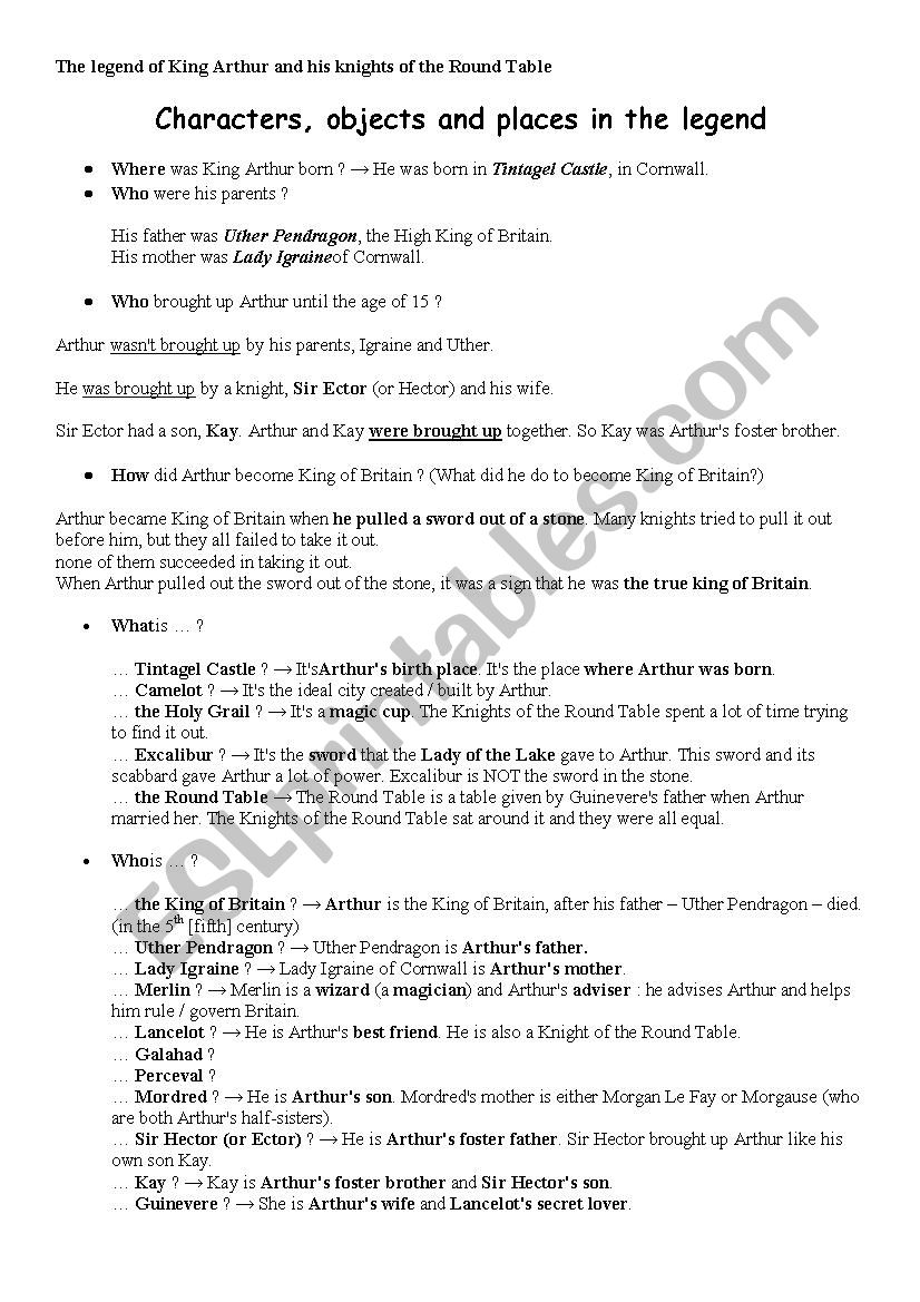 The legend of King Arthur worksheet