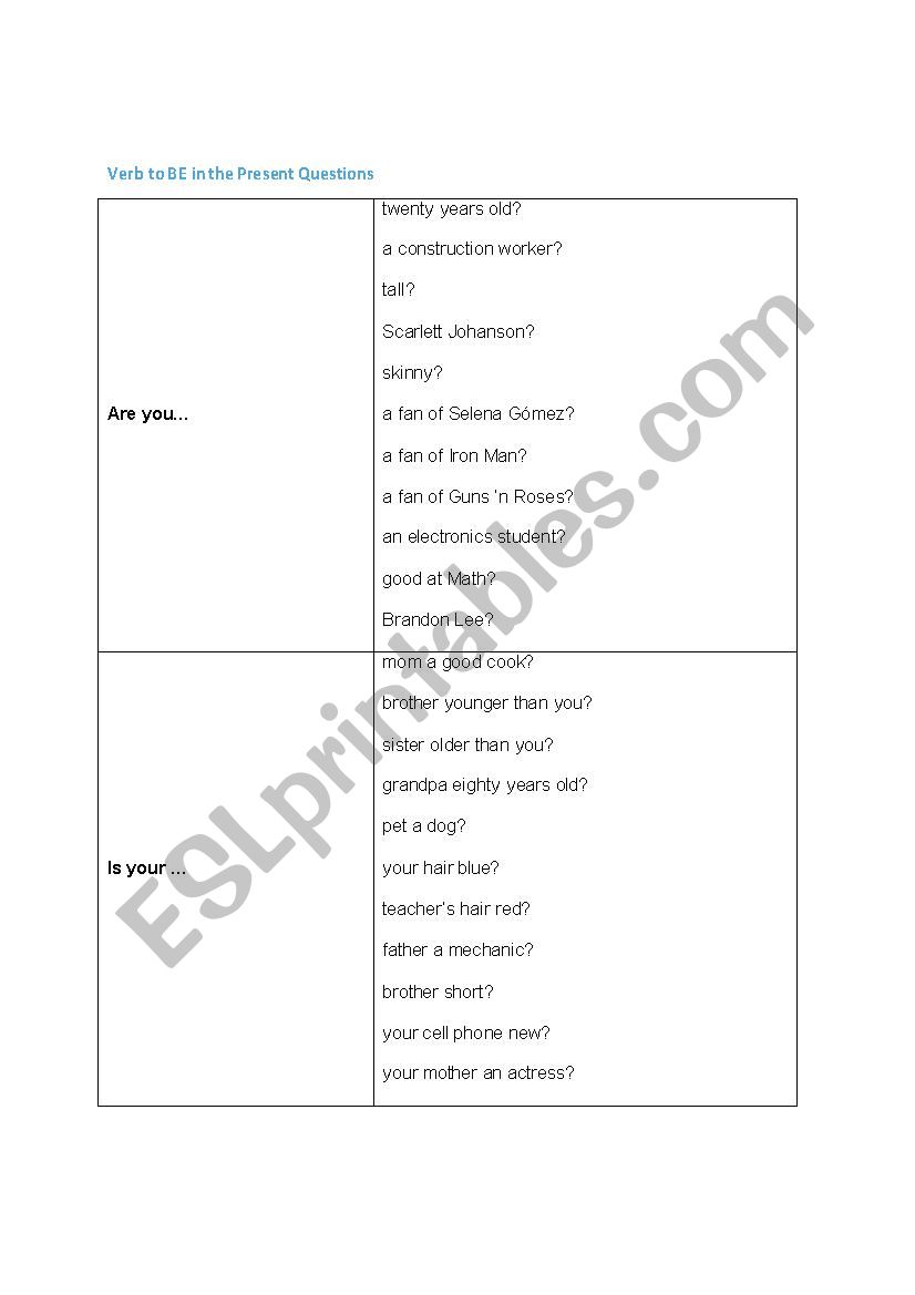Verb to be questions worksheet