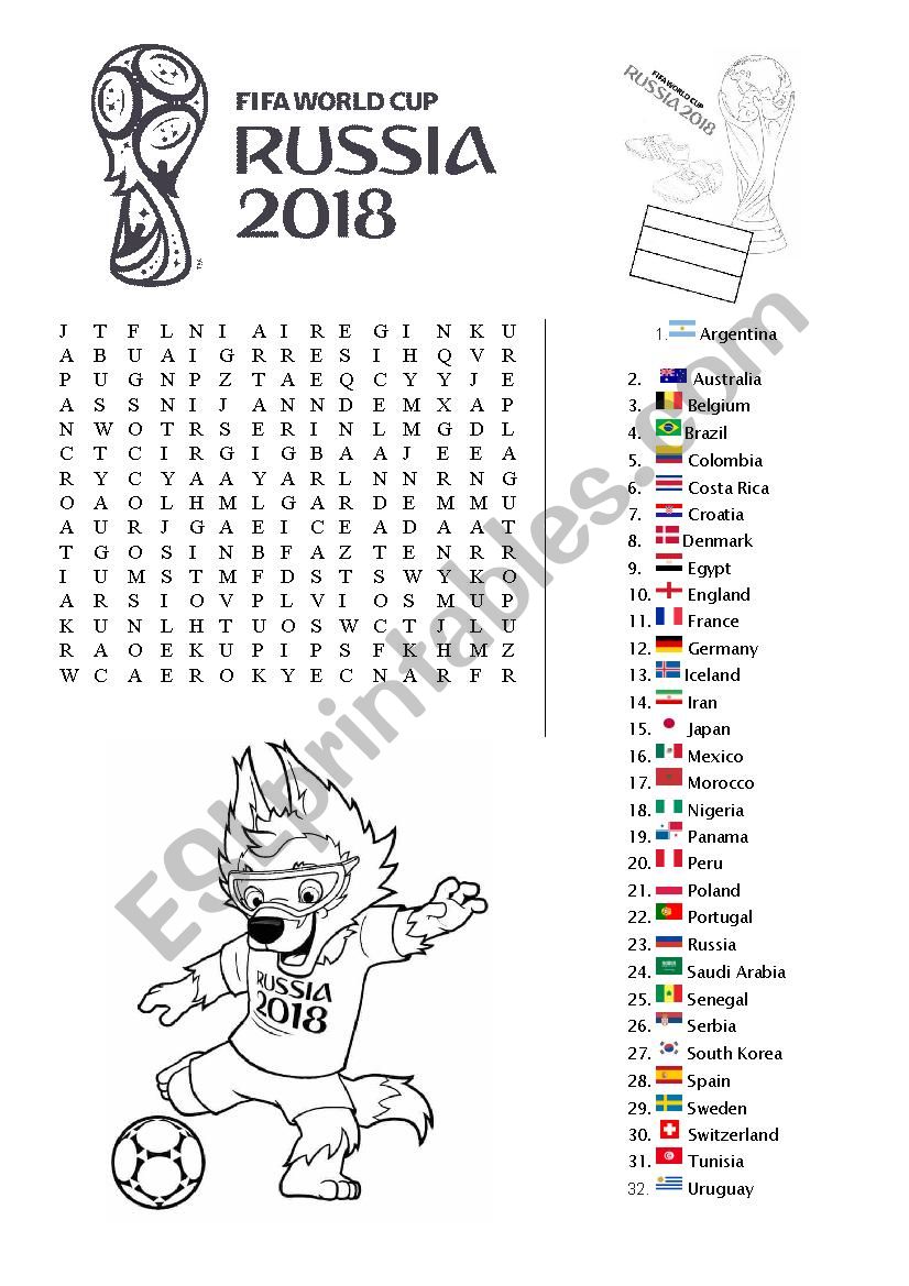 Wordsearch World Cup Russia 2018 ESL worksheet by acolombet