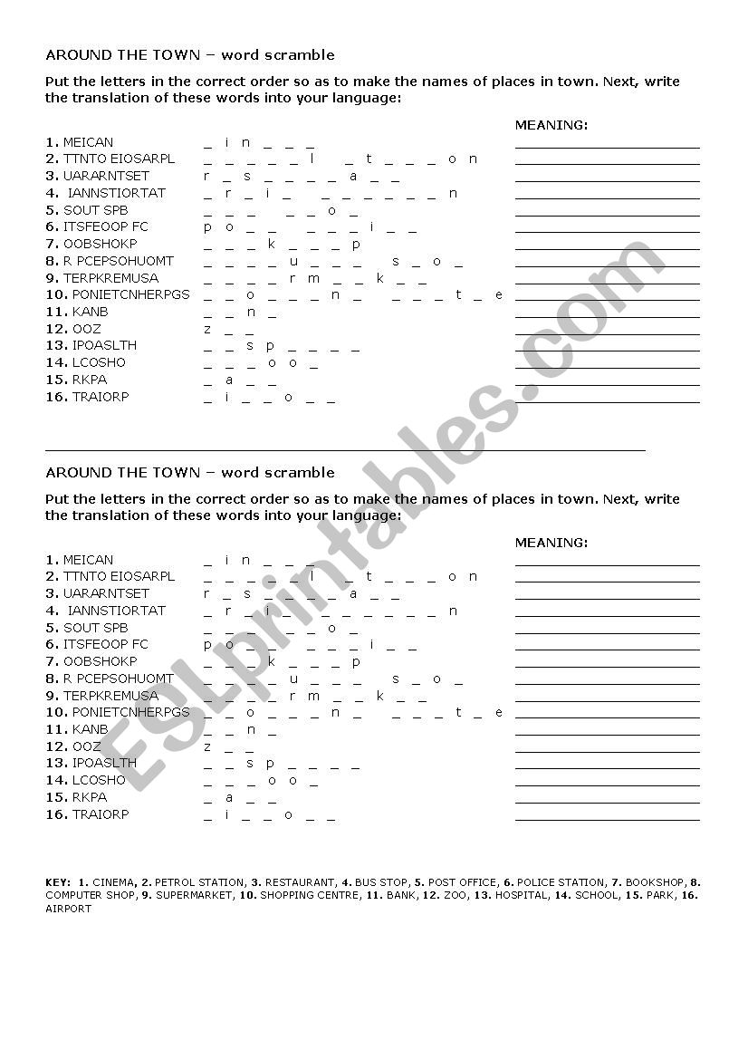 Around the town - word scramble