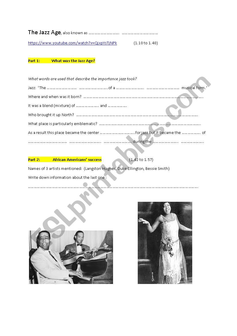 The Jazz Age worksheet