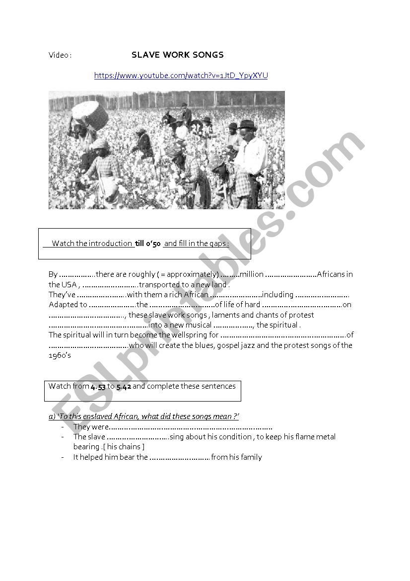 Slave work songs worksheet