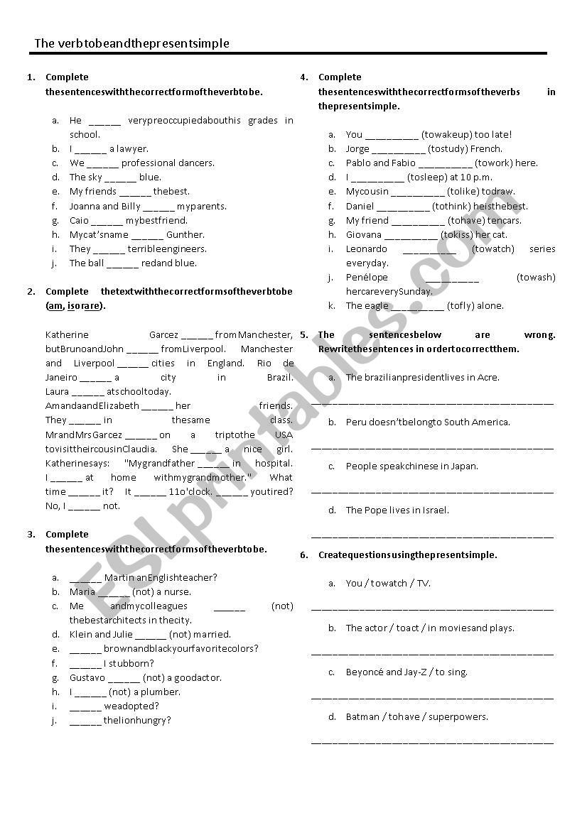 Verb to be and present simple worksheet