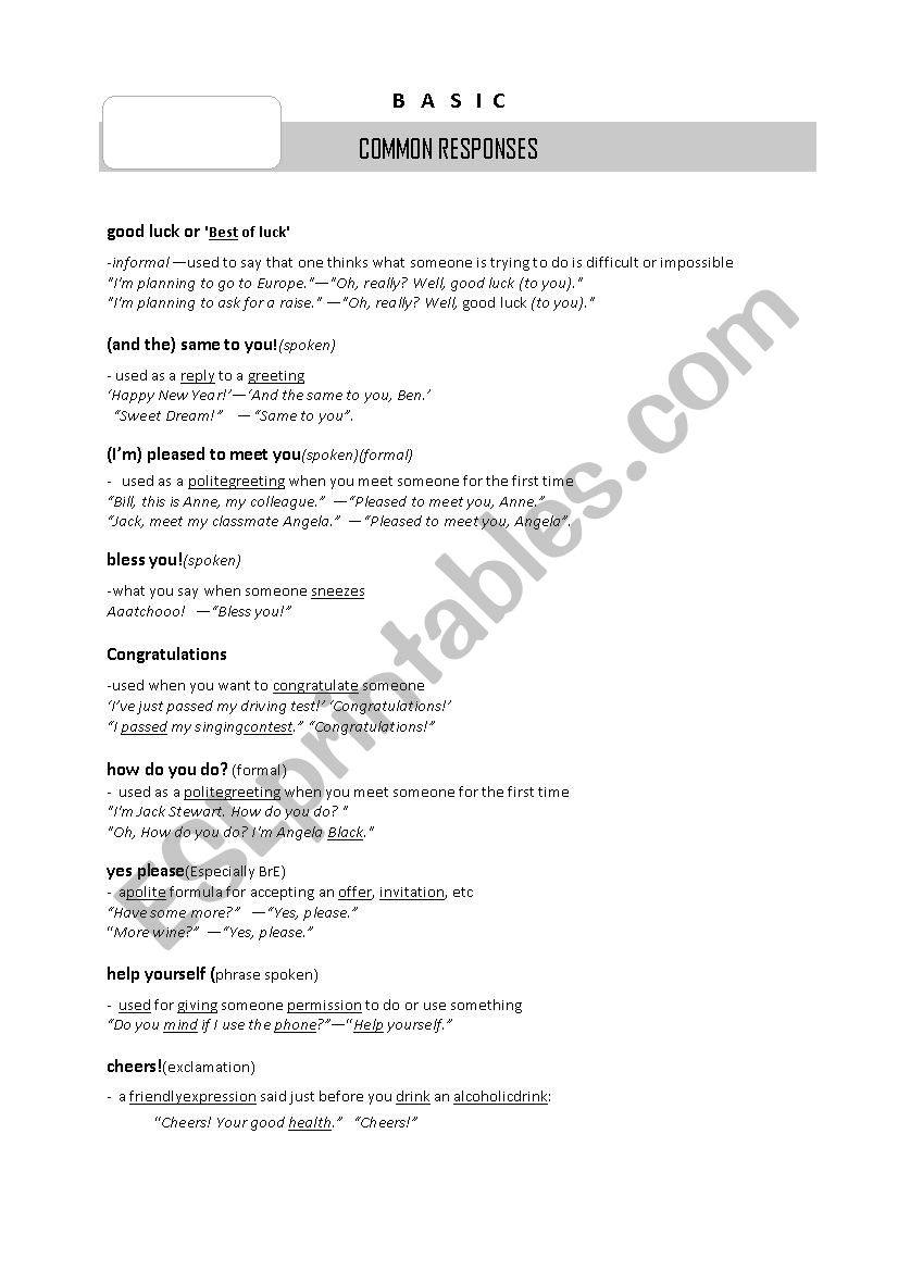 Common Responses worksheet