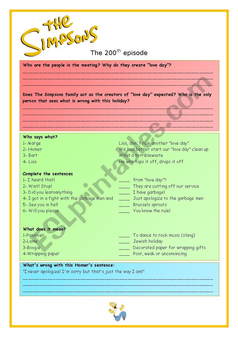 The Simpsons 200th episode video worksheet