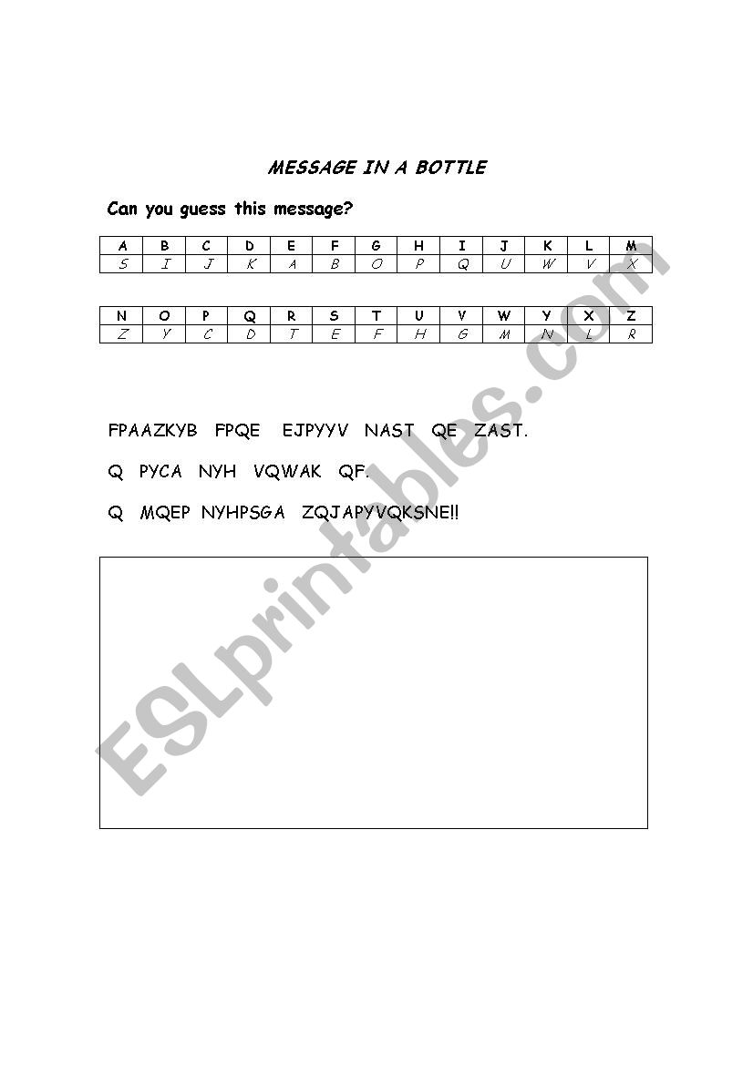 Message in a bottle worksheet