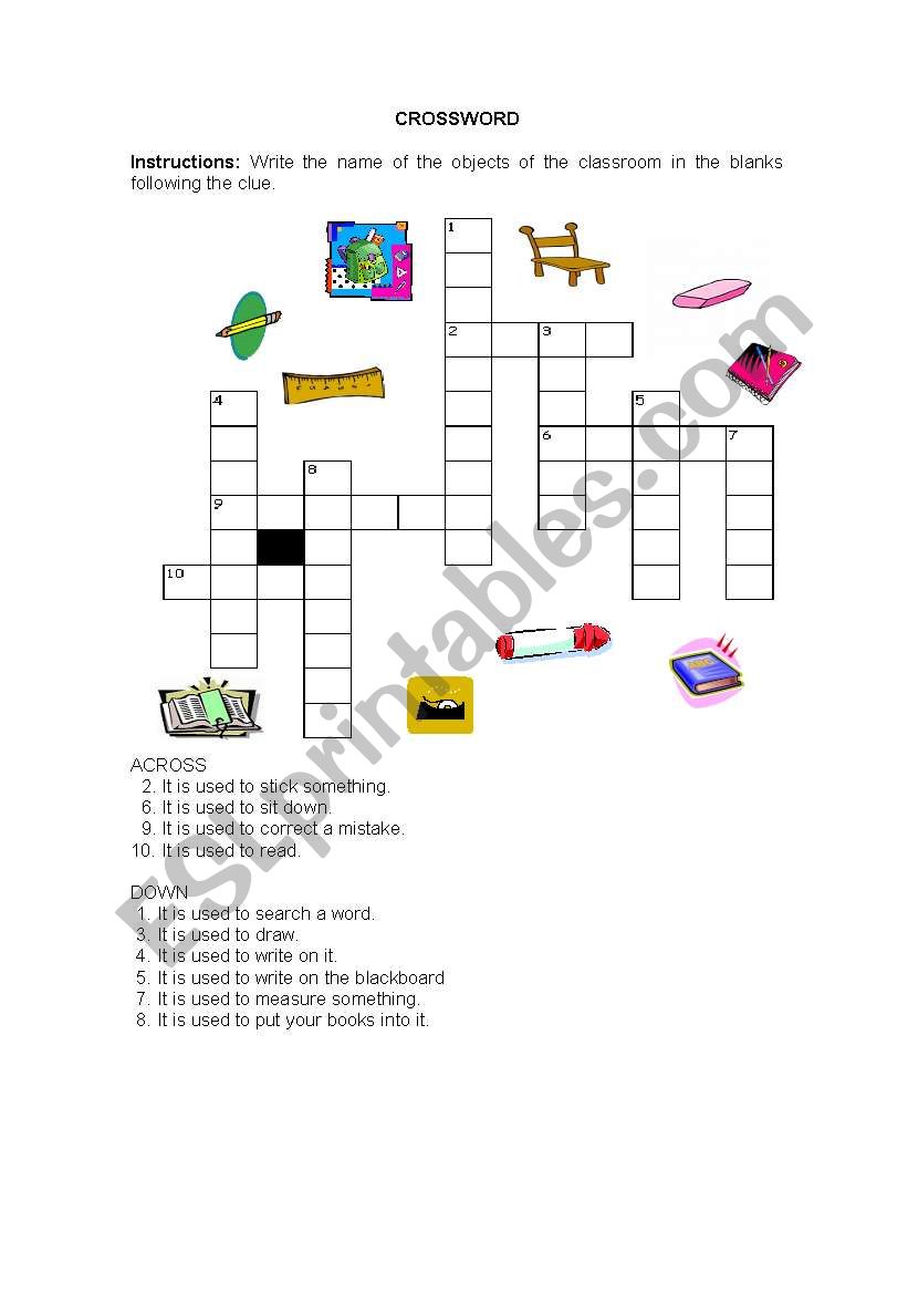 OBJECTS IN THE CLASSROOM - CROSSWORD
