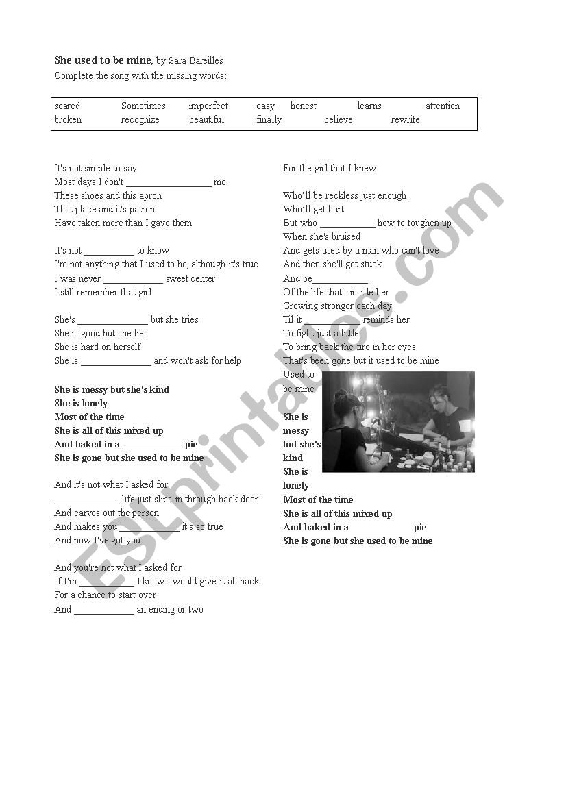 She used to be mine - song worksheet
