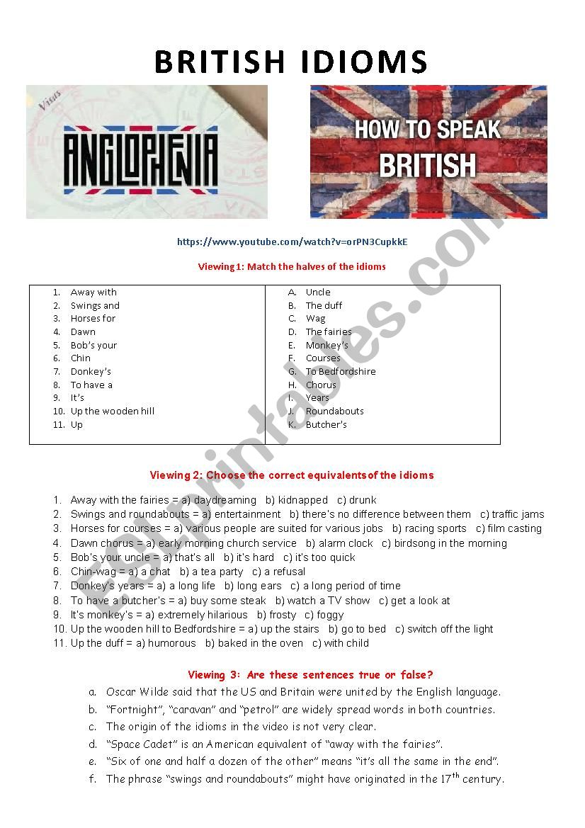 BRITISH IDIOMS VIDEO worksheet